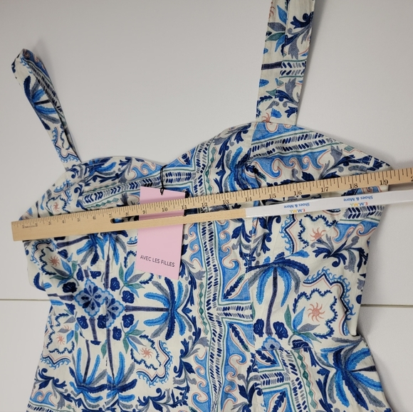AVEC LES FILLES Sea BEACH LIFE Palm Trees  MIDI DRESS Blue White Size 14 New - Picture 10 of 11